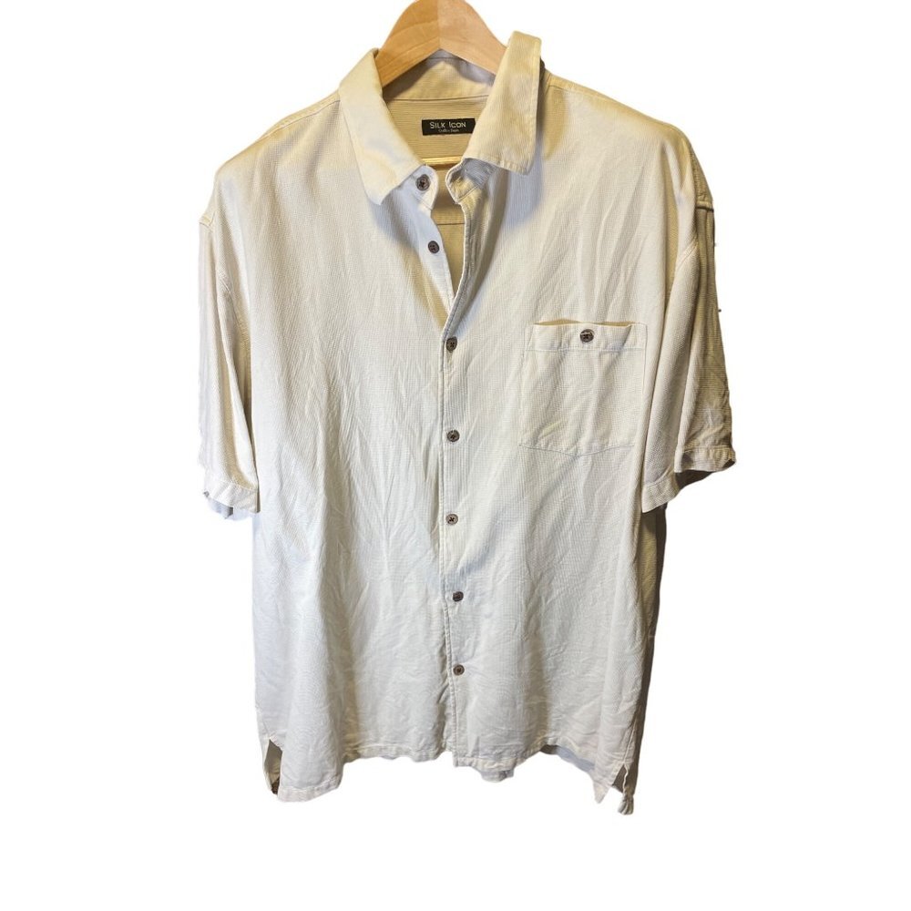 Silk Icon Mens Cream Button Down Short Sleeved Silk Shirt Sz 2XL